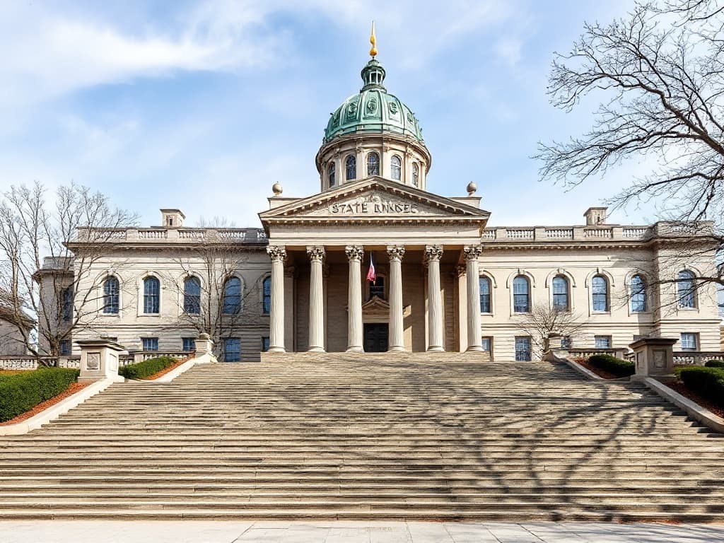 The New Jersey State House in Trenton, Grecian Revival facade with a green copper dome and a broad stone staircase.