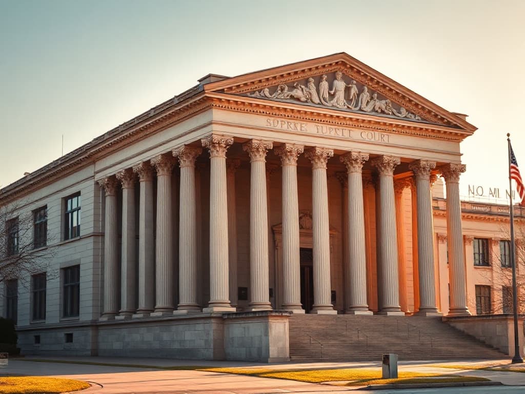 The Illinois Supreme Court building in Springfield at golden hour, neoclassical limestone facade with tall columns and a carved pediment.