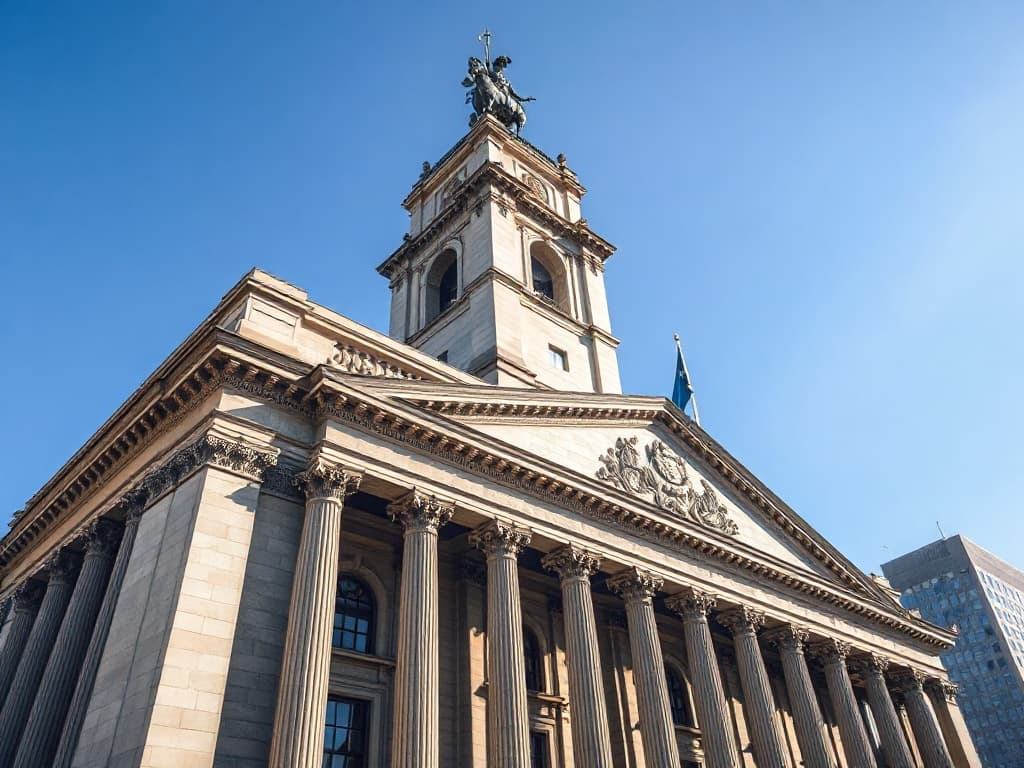 Philadelphia City Hall, Second Empire stone facade with granite columns and the William Penn statue atop the tower.