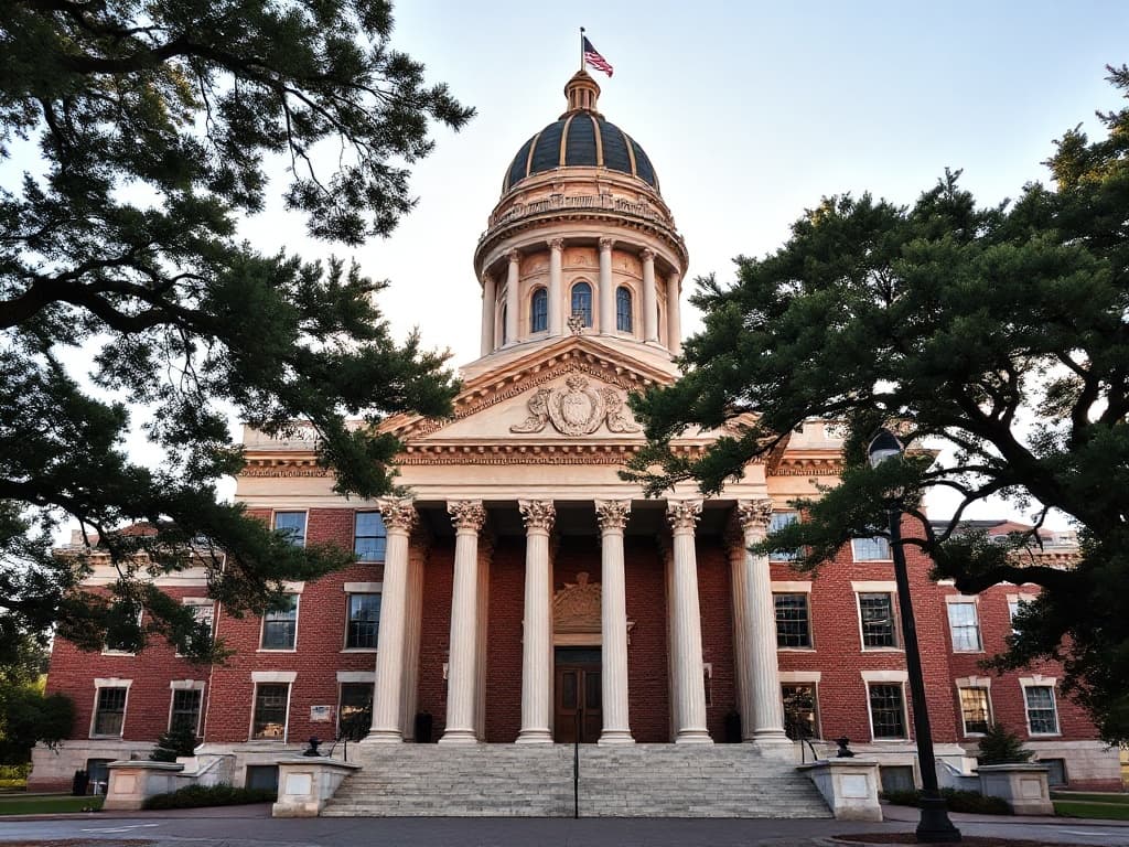 The North Carolina State Capitol in Raleigh, Greek Revival granite and marble facade with a flanking dome and brick wings, southern trees framing the corners.