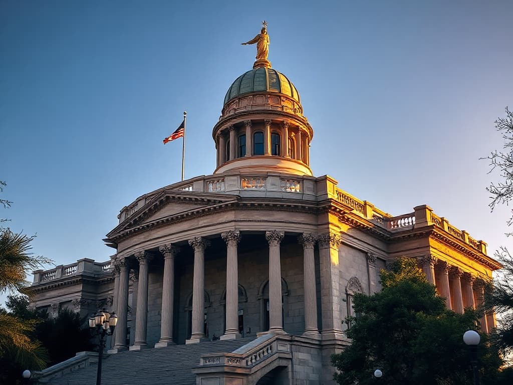 The Texas State Capitol in Austin at golden hour, limestone Renaissance Revival facade with columns and a goddess-of-liberty dome.