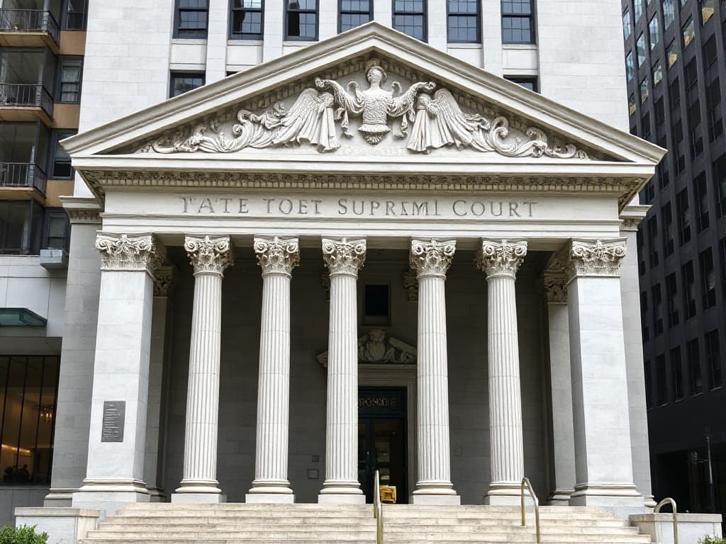 The New York State Supreme Court Appellate Division courthouse facade in Manhattan with classical Corinthian columns and a carved pediment.